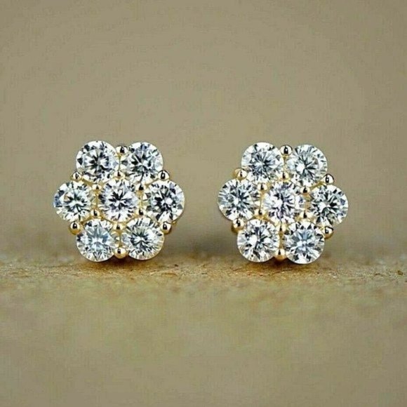Authentic Solid 14k Gold Cluster Stud Earrings White Stones Large- 9.3mm x 3.5mm